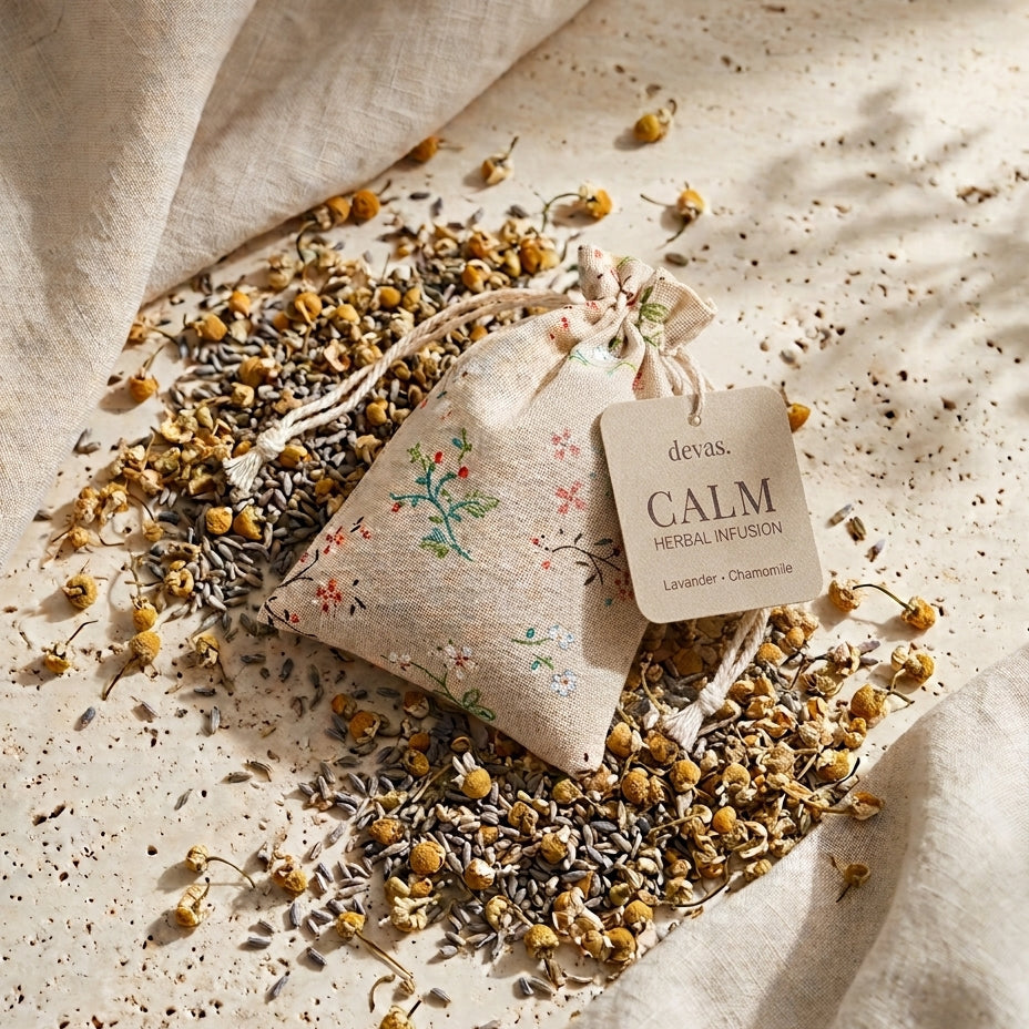 A small beige linen drawstring sachet with floral embroidery sits on a linen surface, surrounded by loose dried chamomile and lavender buds. A tag on the sachet reads 'devas CALM HERBAL INFUSION'.