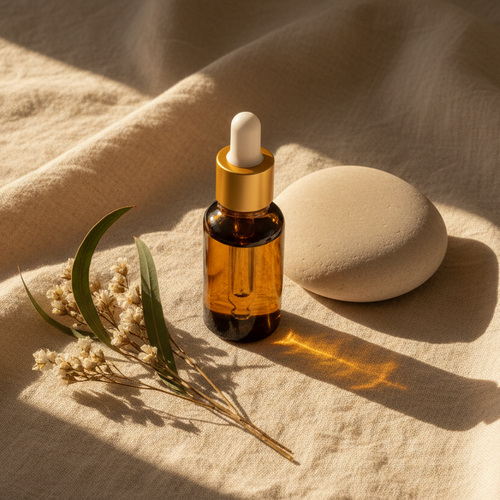 DEVAS. Morning Ritual Oil — amber glass dropper bottle on ivory linen with Australian botanicals