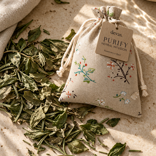 A beige drawstring pouch with a floral print and a kraft paper tag reading 'devas PURIFY HERBAL INFUSION' lies on a stone surface beside loose dried green herbs. The scene is styled with natural light and neutral props.
