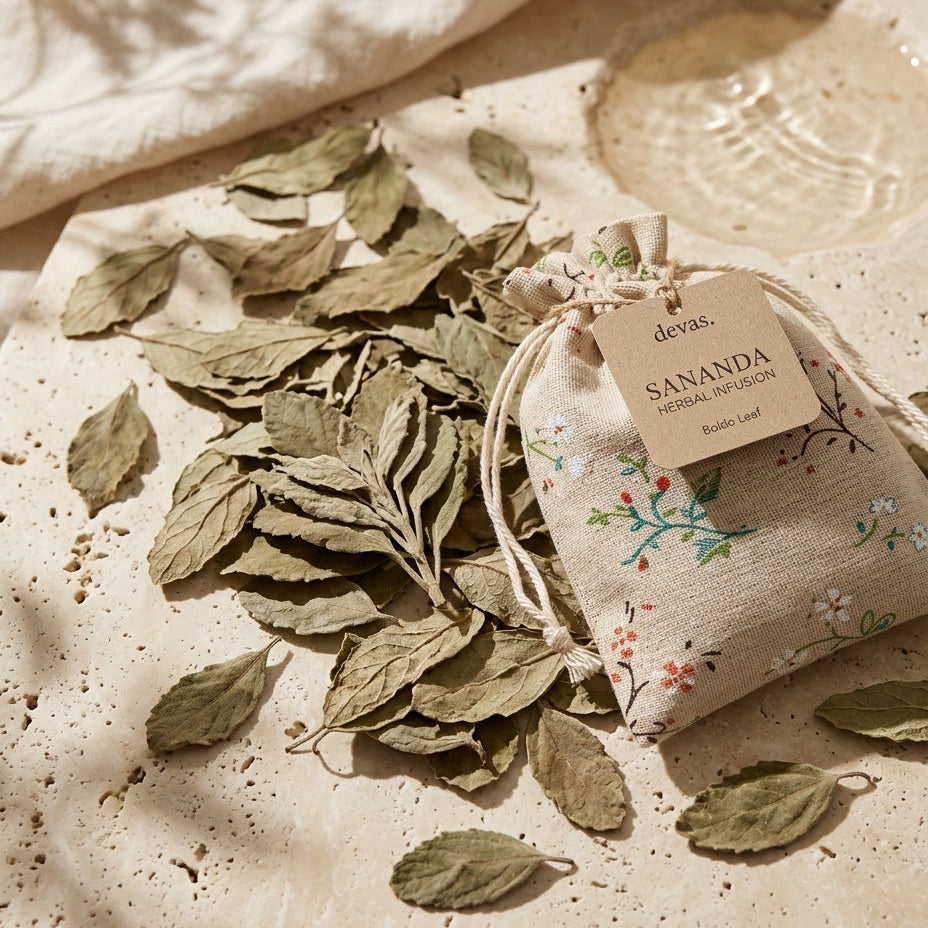 A small beige drawstring pouch with a floral print and a paper tag reading 'deva SANANDA essential oil blend' lies on a textured cream surface beside scattered dried green leaves. A folded cream fabric and a clear glass dish are also visible in a styled, natural-toned setting.